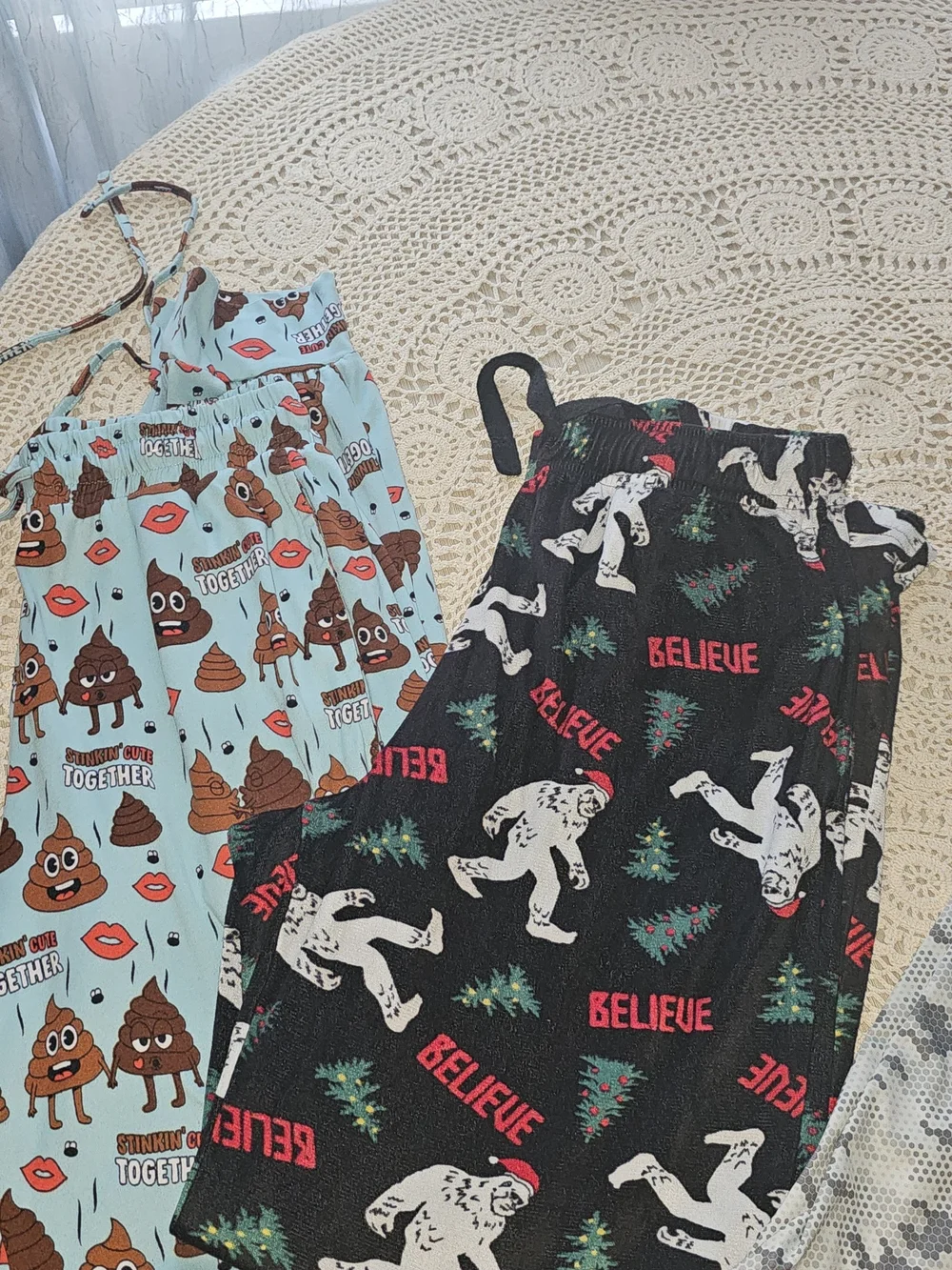 Women’s Novelty Pajama Pants Set - Light Blue Poop Emoji & Black Bigfoot Prints